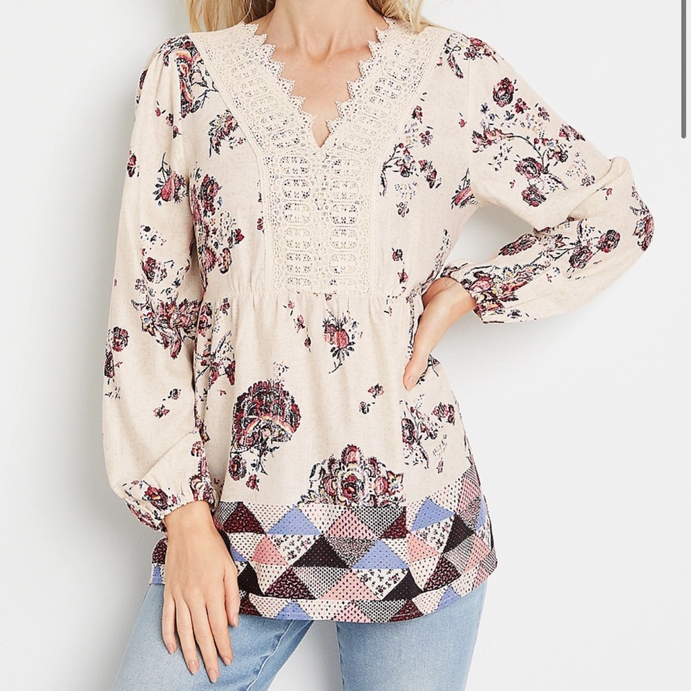 Floral Lace Trim Blouse - Cream and Pink
